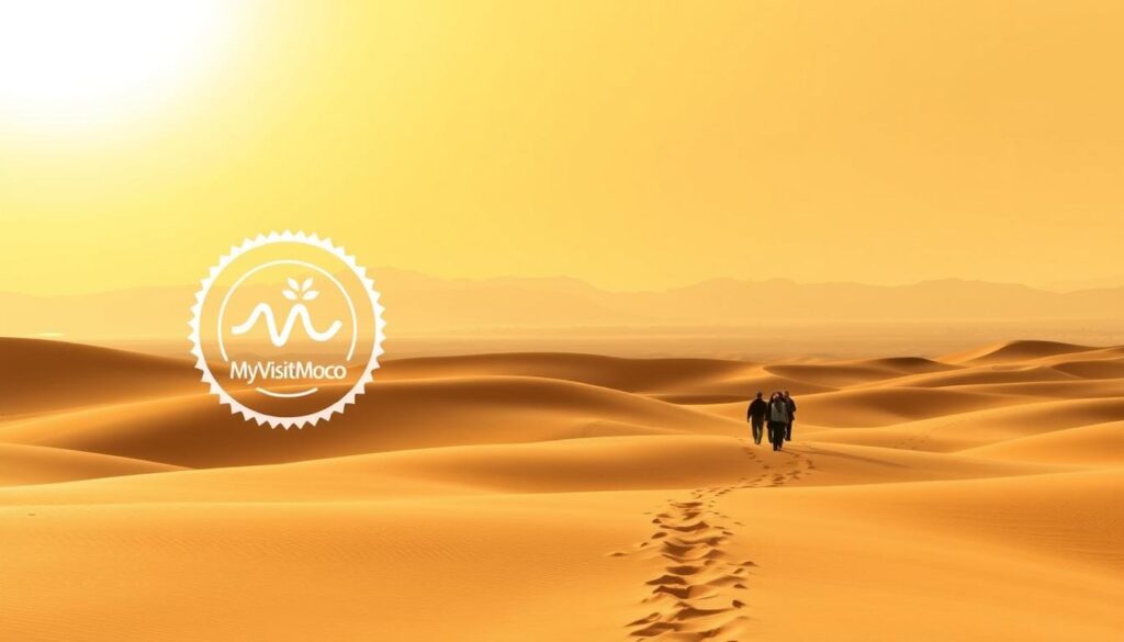 A serene desert landscape with rolling sand dunes under a warm, golden-hued sky. In the foreground, a MyVisitMorocco logo appears as a stylized emblem, subtly embedded into the scene. The middle ground features a group of travelers strolling along a path, their figures silhouetted against the horizon. Distant mountains rise up, hazy and mysterious, alluding to the diverse geography of Morocco. The overall atmosphere conveys a sense of adventure, exploration, and the allure of visa-free travel to this captivating North African destination. A serene desert landscape with rolling sand dunes under a warm, golden-hued sky. In the foreground, a MyVisitMorocco logo appears as a stylized emblem, subtly embedded into the scene. The middle ground features a group of travelers strolling along a path, their figures silhouetted against the horizon. Distant mountains rise up, hazy and mysterious, alluding to the diverse geography of Morocco. The overall atmosphere conveys a sense of adventure, exploration, and the allure of visa-free travel to this captivating North African destination.