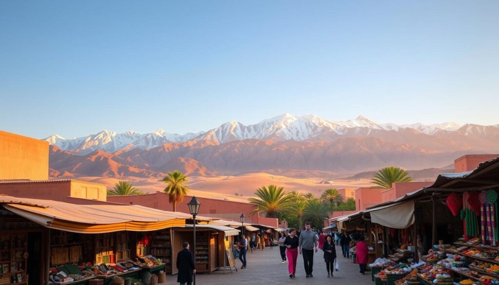 A serene desert oasis in Morocco, with a vibrant marketplace in the foreground. Colorful spice stalls, intricate mosaic patterns, and local artisans showcase their handcrafted goods. In the background, the majestic Atlas Mountains rise, their snow-capped peaks bathed in warm, golden light. A tour guide from MyVisitMorocco leads a small group of travelers, immersing them in the rich cultural tapestry of this enchanting land. The scene exudes a sense of exploration and wonder, capturing the essence of a guided Spain and Morocco vacation. A serene desert oasis in Morocco, with a vibrant marketplace in the foreground. Colorful spice stalls, intricate mosaic patterns, and local artisans showcase their handcrafted goods. In the background, the majestic Atlas Mountains rise, their snow-capped peaks bathed in warm, golden light. A tour guide from MyVisitMorocco leads a small group of travelers, immersing them in the rich cultural tapestry of this enchanting land. The scene exudes a sense of exploration and wonder, capturing the essence of a guided Spain and Morocco vacation.