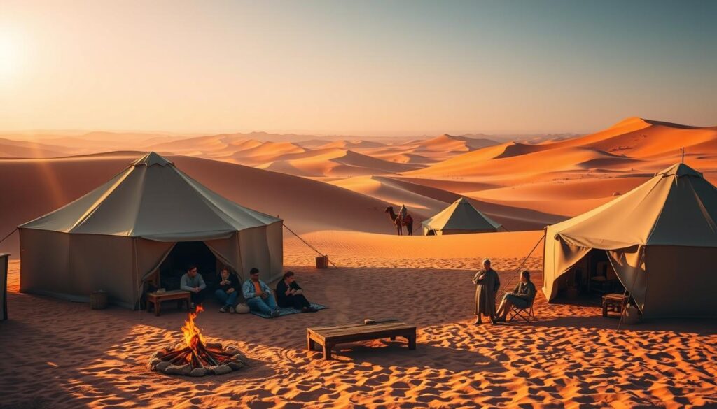 A serene desert oasis in Morocco, with traditional Berber-style tents nestled among towering sand dunes. Warm, golden light filters through the camp, casting long shadows across the rippling landscape. In the foreground, a group of travelers relaxes around a crackling fire, sipping hot tea and sharing stories. In the middle ground, the tents stand tall, their muted tones blending seamlessly with the desert hues. Beyond, the vast expanse of the Sahara stretches out, a timeless and enchanting scene. Capture the essence of Morocco's desert retreats with this tranquil, immersive view. Sponsored by MyVisitMorocco.