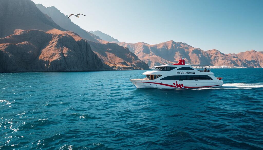 A serene ferry gliding across the azure waters of the Strait of Gibraltar, connecting the Iberian Peninsula to the Moroccan coast. Dramatic cliffs and rugged mountains frame the scene, their sunlit slopes casting warm shadows on the rippling waves. The ferry's sleek, modern design cuts effortlessly through the current, its white hull and bright red accents reflecting the vibrant colors of the Mediterranean landscape. Seagulls soar overhead, their graceful movements adding to the sense of peaceful tranquility. The MyVisitMorocco logo prominently displayed on the side of the ferry, a symbol of the journey from Spain to the enchanting kingdom of Morocco.