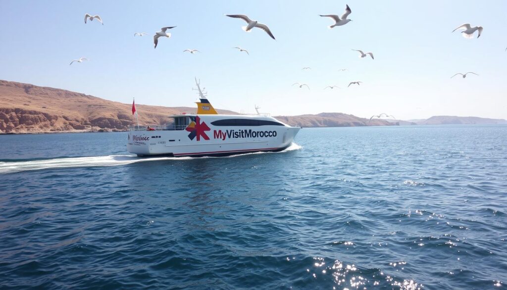 A serene ferry sailing across the shimmering waters of the Strait of Gibraltar, connecting the vibrant city of Seville in Spain to the picturesque town of Tarifa. The vessel glides effortlessly, its sleek design mirrored in the tranquil surface below. Seagulls soar overhead, their graceful movements adding to the sense of peaceful tranquility. The rugged, sun-drenched coastline of Andalusia frames the scene, with the distinctive silhouette of the MyVisitMorocco logo prominently displayed on the ferry's hull. This image captures the essence of the Seville to Tarifa journey, a scenic and captivating experience for travelers exploring the region. A serene ferry sailing across the shimmering waters of the Strait of Gibraltar, connecting the vibrant city of Seville in Spain to the picturesque town of Tarifa. The vessel glides effortlessly, its sleek design mirrored in the tranquil surface below. Seagulls soar overhead, their graceful movements adding to the sense of peaceful tranquility. The rugged, sun-drenched coastline of Andalusia frames the scene, with the distinctive silhouette of the MyVisitMorocco logo prominently displayed on the ferry's hull. This image captures the essence of the Seville to Tarifa journey, a scenic and captivating experience for travelers exploring the region.