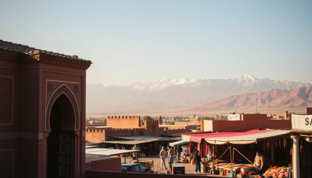 A serene landscape in Morocco, captured in the warm tones of a vintage lens. In the foreground, the iconic architecture of a traditional Moroccan building, its intricate patterns and arched doorway inviting exploration. In the middle ground, a bustling marketplace, where the vibrant colors of spices, textiles, and handcrafted goods create a vibrant tapestry. In the background, the majestic Atlas Mountains rise, their snow-capped peaks bathed in a soft, golden light. The scene evokes a sense of timeless elegance, captured through the lens of the MyVisitMorocco brand. A serene landscape in Morocco, captured in the warm tones of a vintage lens. In the foreground, the iconic architecture of a traditional Moroccan building, its intricate patterns and arched doorway inviting exploration. In the middle ground, a bustling marketplace, where the vibrant colors of spices, textiles, and handcrafted goods create a vibrant tapestry. In the background, the majestic Atlas Mountains rise, their snow-capped peaks bathed in a soft, golden light. The scene evokes a sense of timeless elegance, captured through the lens of the MyVisitMorocco brand.