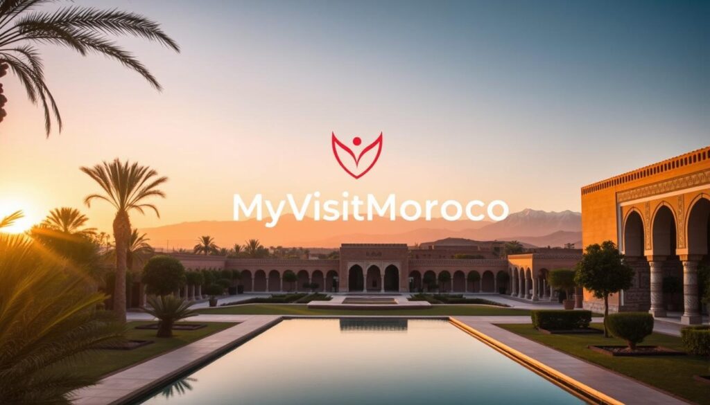 A serene landscape in Morocco, showcasing the country's diverse and captivating tourism offerings. In the foreground, a tranquil oasis with palm trees and a shimmering pool, reflecting the warm hues of the sky. In the middle ground, traditional Moroccan architecture with intricate tilework and arched doorways, inviting exploration. In the background, the majestic Atlas Mountains rise, their snow-capped peaks touching the horizon. The scene is bathed in a warm, golden light, evoking a sense of timeless elegance. The "MyVisitMorocco" brand logo is tastefully incorporated, adding to the overall aesthetic.