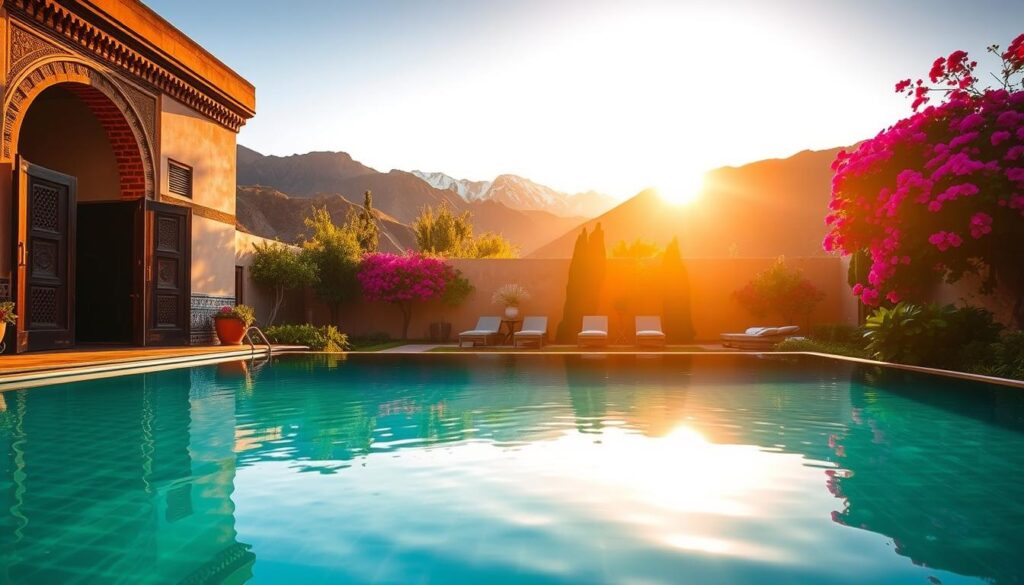 A serene oasis hidden among the rugged Atlas Mountains, bathed in warm golden light. In the foreground, a tranquil pool reflects the striking architecture of a traditional Moroccan riad, its intricate tilework and carved wooden doors. The middle ground reveals lush, fragrant gardens with vibrant bougainvillea cascading over the walls. In the distance, the majestic snow-capped peaks pierce the azure sky. This breathtaking scene, captured by the MyVisitMorocco camera, showcases the hidden gems that beckon explorers to discover the magic of Morocco.