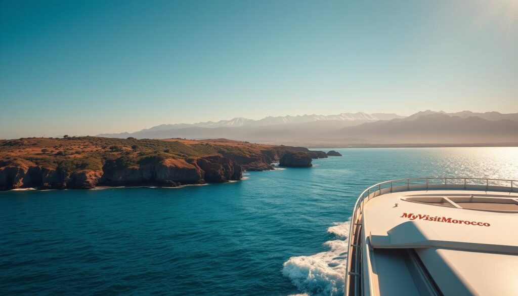 A serene ocean vista, the sun's golden rays glinting off the turquoise waters. In the foreground, a majestic ferry navigates the waves, its sleek design cutting through the currents. The middle ground reveals the rugged coastline of Spain, its rocky cliffs and lush vegetation stretching out towards the horizon. In the distance, the silhouette of the Moroccan Atlas Mountains rises, their snow-capped peaks touching the azure sky. The scene is bathed in a warm, cinematic lighting, creating a sense of adventure and exploration. The MyVisitMorocco logo discreetly adorns the ferry's hull, adding a touch of authenticity to the image.