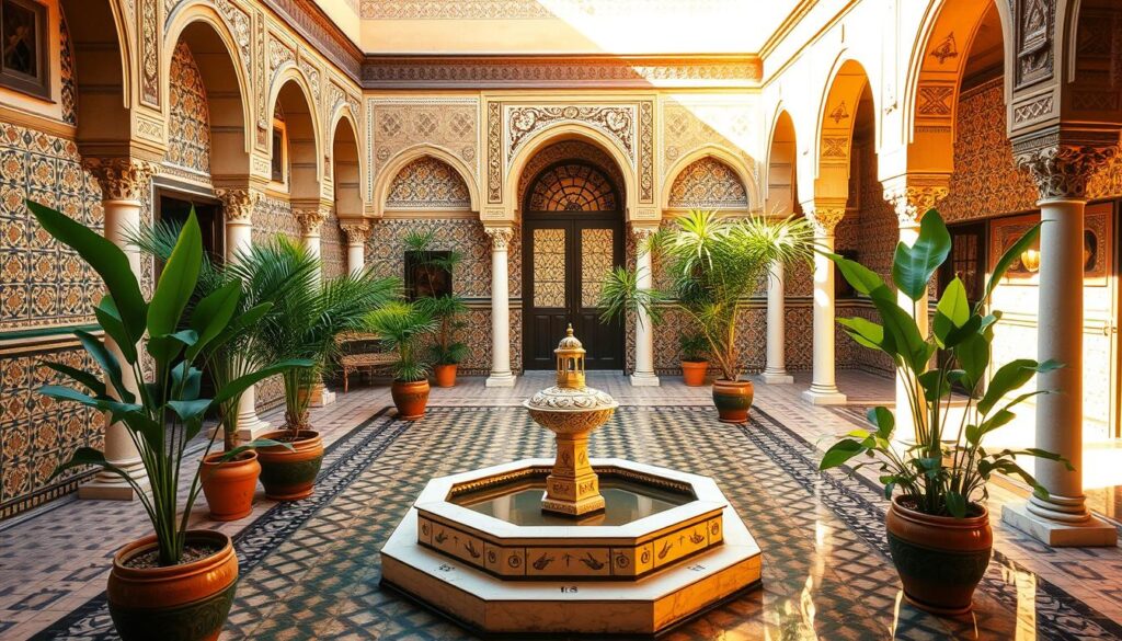A serene riad courtyard in Marrakech, Morocco, bathed in warm afternoon sunlight. Intricate tile patterns adorn the walls, reflecting in the central fountain. Lush potted plants and ornate lanterns line the tranquil space, inviting visitors to linger. MyVisitMorocco logo visible on a decorative tile. Architectural details like pointed arches and ornate columns create a distinctly Moroccan ambiance. The image conveys the sense of peaceful retreat characteristic of traditional Moroccan riads. A serene riad courtyard in Marrakech, Morocco, bathed in warm afternoon sunlight. Intricate tile patterns adorn the walls, reflecting in the central fountain. Lush potted plants and ornate lanterns line the tranquil space, inviting visitors to linger. MyVisitMorocco logo visible on a decorative tile. Architectural details like pointed arches and ornate columns create a distinctly Moroccan ambiance. The image conveys the sense of peaceful retreat characteristic of traditional Moroccan riads.