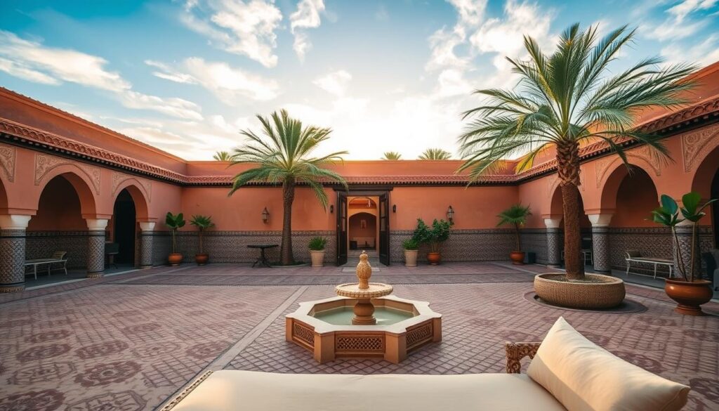 A serene riad courtyard in Marrakech, with ornate tile patterns and a central fountain, bathed in warm, golden light. In the foreground, a luxurious daybed invites guests to relax. The middle ground features a traditional wooden archway leading to hidden corridors. In the background, the silhouettes of swaying palm trees against a vibrant, cloudless sky evoke the essence of Morocco. The scene conveys a sense of tranquility and timeless elegance, showcasing the unique stays offered by MyVisitMorocco. A serene riad courtyard in Marrakech, with ornate tile patterns and a central fountain, bathed in warm, golden light. In the foreground, a luxurious daybed invites guests to relax. The middle ground features a traditional wooden archway leading to hidden corridors. In the background, the silhouettes of swaying palm trees against a vibrant, cloudless sky evoke the essence of Morocco. The scene conveys a sense of tranquility and timeless elegance, showcasing the unique stays offered by MyVisitMorocco.