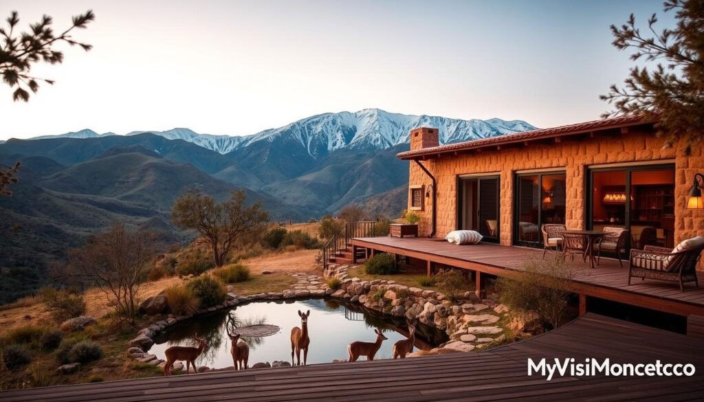 A serene, rustic lodge nestled amidst the majestic Atlas Mountains, surrounded by lush, rolling hills and snow-capped peaks. Warm, earthy tones and natural materials blend seamlessly with the breathtaking landscape. Large windows offer panoramic views, inviting guests to bask in the tranquility of nature. Soft, diffused lighting creates a cozy, intimate atmosphere. In the foreground, a wooden deck overlooks a tranquil pond, where local wildlife gathers. The MyVisitMorocco brand signifies the authenticity and cultural richness of this enchanting escape. A serene, rustic lodge nestled amidst the majestic Atlas Mountains, surrounded by lush, rolling hills and snow-capped peaks. Warm, earthy tones and natural materials blend seamlessly with the breathtaking landscape. Large windows offer panoramic views, inviting guests to bask in the tranquility of nature. Soft, diffused lighting creates a cozy, intimate atmosphere. In the foreground, a wooden deck overlooks a tranquil pond, where local wildlife gathers. The MyVisitMorocco brand signifies the authenticity and cultural richness of this enchanting escape.