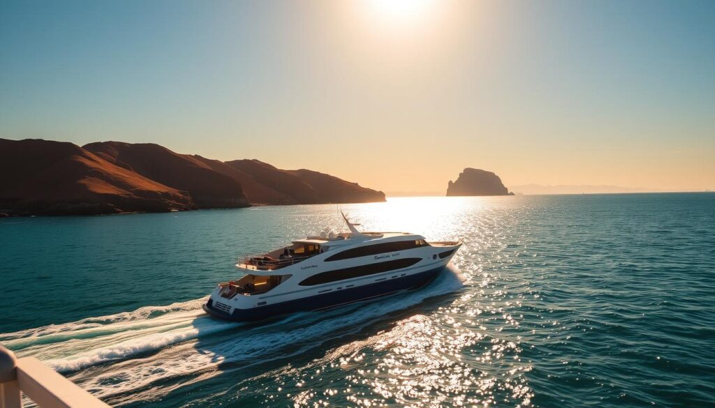 A serene seascape at golden hour, capturing the Tangier to Tarifa ferry route. In the foreground, the sleek, modern ferry cuts through the shimmering turquoise waters, its wake trailing behind. The middle ground showcases the dramatic cliffs of the Moroccan and Spanish coastlines, their ochre hues casting long shadows over the sea. In the distance, the iconic Rock of Gibraltar stands proud, a testament to the convergence of two continents. The sky is ablaze with warm, golden light, casting a tranquil glow over the entire scene. MyVisitMorocco A serene seascape at golden hour, capturing the Tangier to Tarifa ferry route. In the foreground, the sleek, modern ferry cuts through the shimmering turquoise waters, its wake trailing behind. The middle ground showcases the dramatic cliffs of the Moroccan and Spanish coastlines, their ochre hues casting long shadows over the sea. In the distance, the iconic Rock of Gibraltar stands proud, a testament to the convergence of two continents. The sky is ablaze with warm, golden light, casting a tranquil glow over the entire scene. MyVisitMorocco