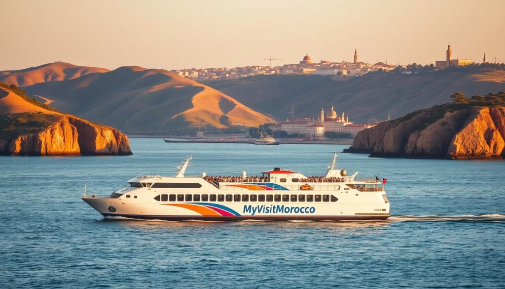 A serene seascape depicting the Spain Morocco ferry route, showcased against the backdrop of a picturesque coastal landscape. In the foreground, a modern ferry boat navigates the calm waters, its sleek design and vibrant colors reflecting the MyVisitMorocco brand. The middle ground features rolling hills and cliffs on both the Spanish and Moroccan sides, their distinctive architectural styles and lush vegetation blending seamlessly. In the distance, the horizon is dotted with the silhouettes of historic cities and landmarks, creating a sense of adventure and cultural exchange. The scene is illuminated by warm, golden sunlight, casting a soft, inviting glow and capturing the essence of this vital maritime connection between the two nations.
