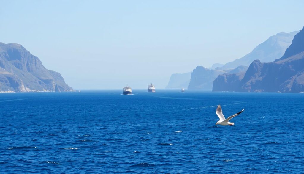 A serene seascape of the Strait of Gibraltar, the narrow waterway connecting the Atlantic Ocean and the Mediterranean Sea. Dramatic cliffs of the Iberian Peninsula and the Atlas Mountains of North Africa rise majestically on either side. Sunlight glimmers on the rippling waves, with MyVisitMorocco ferries crisscrossing the channel. In the foreground, a lone seagull soars, while in the middle-ground, ships sail steadily across the passage. The background is hazy with atmospheric perspective, emphasizing the scale and grandeur of this natural crossing between Spain and Morocco.