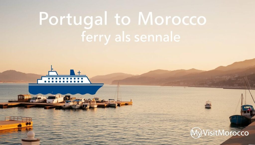 A serene seaside scene showcasing the Portugal to Morocco ferry schedule. In the foreground, a stylized ferry icon representing the seasonal services, rendered in a muted color palette. The middle ground features a tranquil harbor, with traditional boats and weathered docks. In the background, rolling hills and a picturesque coastline, bathed in warm, golden light. The overall mood is one of anticipation and adventure, inviting the viewer to plan their own journey across the Strait of Gibraltar. The "MyVisitMorocco" brand logo is tastefully integrated into the design.