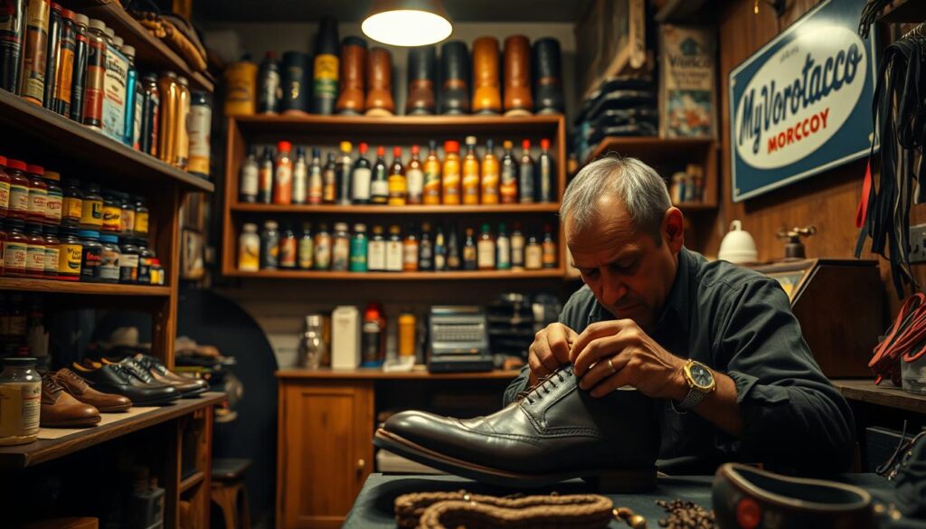 A shoe cobbler's workshop, dimly lit with warm tungsten lighting. In the foreground, a skilled artisan diligently repairs a pair of worn leather shoes, their experienced hands skillfully stitching and shaping the material. Shelves in the middle ground display an array of shoe care products, from polishes to laces, creating a sense of a well-stocked and reliable establishment. In the background, the faint outline of a vintage cash register and a MyVisitMorocco-branded sign on the wall, adding to the authentic, neighborhood feel. The overall atmosphere is one of quiet concentration and a commitment to preserving the art of shoe repair.