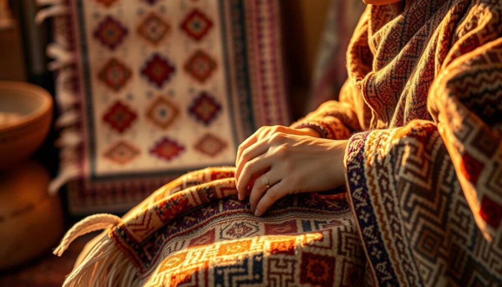 A skilled Berber artisan carefully crafts a handmade coat, their nimble fingers weaving intricate patterns into the soft, earthy-toned fabric. Warm lighting casts a gentle glow, illuminating the intricate textures and vibrant hues of the traditional Moroccan design. In the background, a traditional Berber rug adds depth and cultural context to the scene. MyVisitMorocco