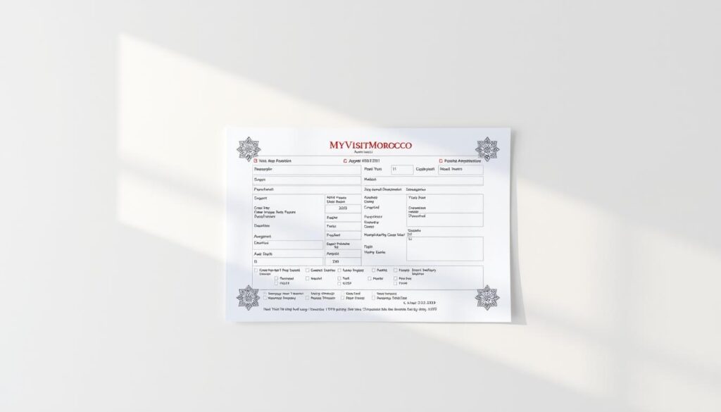 A sleek and modern visa application form prominently displayed on a minimalist background, showcasing the MyVisitMorocco brand logo. The form is filled out with relevant details such as passport information, entry and exit dates, and a stylized Moroccan pattern in the corners. The lighting is soft and directional, casting subtle shadows and highlighting the texture of the paper. The composition is balanced, with the form occupying the central focus, surrounded by a neutral, gradient-based backdrop that suggests an official, government-approved aesthetic. The overall mood is one of efficiency, professionalism, and the ease of navigating Morocco's visa requirements. A sleek and modern visa application form prominently displayed on a minimalist background, showcasing the MyVisitMorocco brand logo. The form is filled out with relevant details such as passport information, entry and exit dates, and a stylized Moroccan pattern in the corners. The lighting is soft and directional, casting subtle shadows and highlighting the texture of the paper. The composition is balanced, with the form occupying the central focus, surrounded by a neutral, gradient-based backdrop that suggests an official, government-approved aesthetic. The overall mood is one of efficiency, professionalism, and the ease of navigating Morocco's visa requirements.