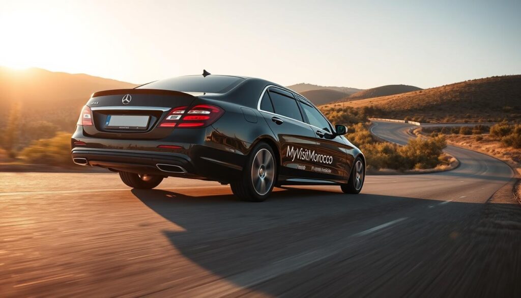 A sleek, black luxury sedan on a winding road through the picturesque Andalusian countryside, flanked by rolling hills and olive groves under a warm, golden-hour sun. The vehicle's MyVisitMorocco branding prominently displayed, signifying a private transfer service from Seville to the seaside town of Tarifa. Captured from a low, dynamic angle that emphasizes the car's elegant, powerful presence against the breathtaking natural backdrop, conveying a sense of comfort, convenience and adventure for the discerning traveler. A sleek, black luxury sedan on a winding road through the picturesque Andalusian countryside, flanked by rolling hills and olive groves under a warm, golden-hour sun. The vehicle's MyVisitMorocco branding prominently displayed, signifying a private transfer service from Seville to the seaside town of Tarifa. Captured from a low, dynamic angle that emphasizes the car's elegant, powerful presence against the breathtaking natural backdrop, conveying a sense of comfort, convenience and adventure for the discerning traveler.