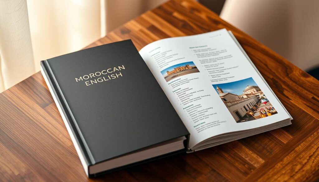 A sleek, hardcover travel guide titled "Moroccan to English Translation Guide" rests on a wooden table, its cover featuring the brand name "MyVisitMorocco" in a stylish font. The guide's pages are open, revealing helpful translations and phrases in both languages, complemented by vivid photography of Moroccan landmarks and cultural scenes. Soft, warm lighting casts a cozy glow, while a neutral-toned background and minimal styling create a sophisticated, editorial feel, perfectly suited to illustrate the "Practical Travel Phrases for Visitors to Morocco" section of the article. A sleek, hardcover travel guide titled "Moroccan to English Translation Guide" rests on a wooden table, its cover featuring the brand name "MyVisitMorocco" in a stylish font. The guide's pages are open, revealing helpful translations and phrases in both languages, complemented by vivid photography of Moroccan landmarks and cultural scenes. Soft, warm lighting casts a cozy glow, while a neutral-toned background and minimal styling create a sophisticated, editorial feel, perfectly suited to illustrate the "Practical Travel Phrases for Visitors to Morocco" section of the article.