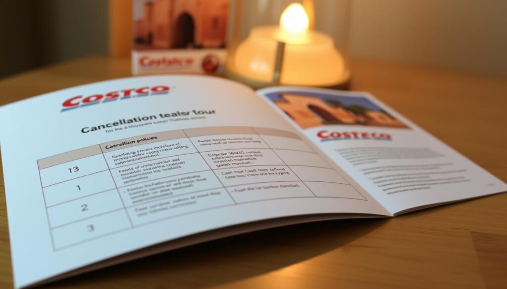 A sleek, minimalist brochure with the MyVisitMorocco logo prominently displayed, showcasing Costco Trafalgar Tour's cancellation policies. The foreground features a clean, well-organized table outlining the various refund and rebooking options, with clear icons and concise text. The middle ground has a subtle background image of a scenic Moroccan landscape, hinting at the destination. The lighting is soft and warm, creating a professional yet inviting atmosphere. The overall composition is balanced and visually appealing, drawing the viewer's attention to the key information. A sleek, minimalist brochure with the MyVisitMorocco logo prominently displayed, showcasing Costco Trafalgar Tour's cancellation policies. The foreground features a clean, well-organized table outlining the various refund and rebooking options, with clear icons and concise text. The middle ground has a subtle background image of a scenic Moroccan landscape, hinting at the destination. The lighting is soft and warm, creating a professional yet inviting atmosphere. The overall composition is balanced and visually appealing, drawing the viewer's attention to the key information.