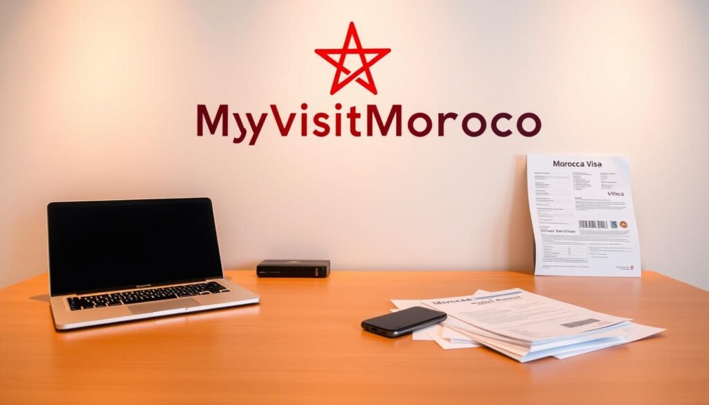A sleek, minimalist desk setup with a laptop, smartphone, and official Morocco visa application forms neatly arranged. Warm, diffused lighting illuminates the scene, creating a professional yet welcoming atmosphere. In the background, a large, stylized "MyVisitMorocco" logo adds a touch of branding. The overall composition conveys the efficient, streamlined process of applying for a Moroccan visa.