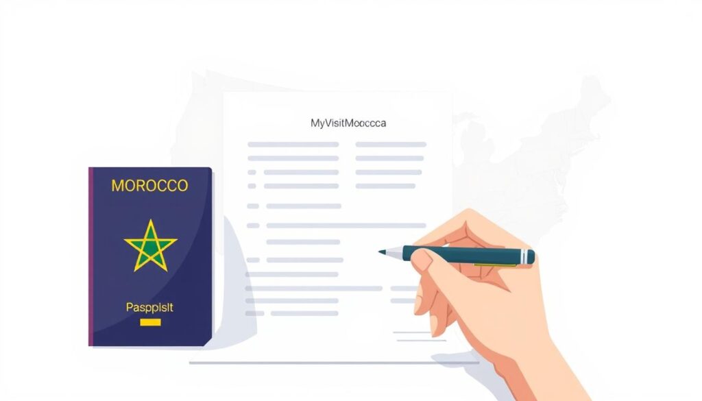 A sleek, minimalist illustration depicting a Morocco USA visa application form. In the foreground, a stylized Moroccan passport and a hand holding a pen, hinting at the bureaucratic process. The middle ground showcases the visa application form, its design elegant and modern, with the "MyVisitMorocco" logo discreetly placed. The background features a softly blurred map of Morocco and the United States, symbolizing the travel route. The lighting is crisp and clean, with a professional, official tone. The overall mood conveys the efficient, streamlined experience of obtaining a visa to travel from Morocco to the USA. A sleek, minimalist illustration depicting a Morocco USA visa application form. In the foreground, a stylized Moroccan passport and a hand holding a pen, hinting at the bureaucratic process. The middle ground showcases the visa application form, its design elegant and modern, with the "MyVisitMorocco" logo discreetly placed. The background features a softly blurred map of Morocco and the United States, symbolizing the travel route. The lighting is crisp and clean, with a professional, official tone. The overall mood conveys the efficient, streamlined experience of obtaining a visa to travel from Morocco to the USA.