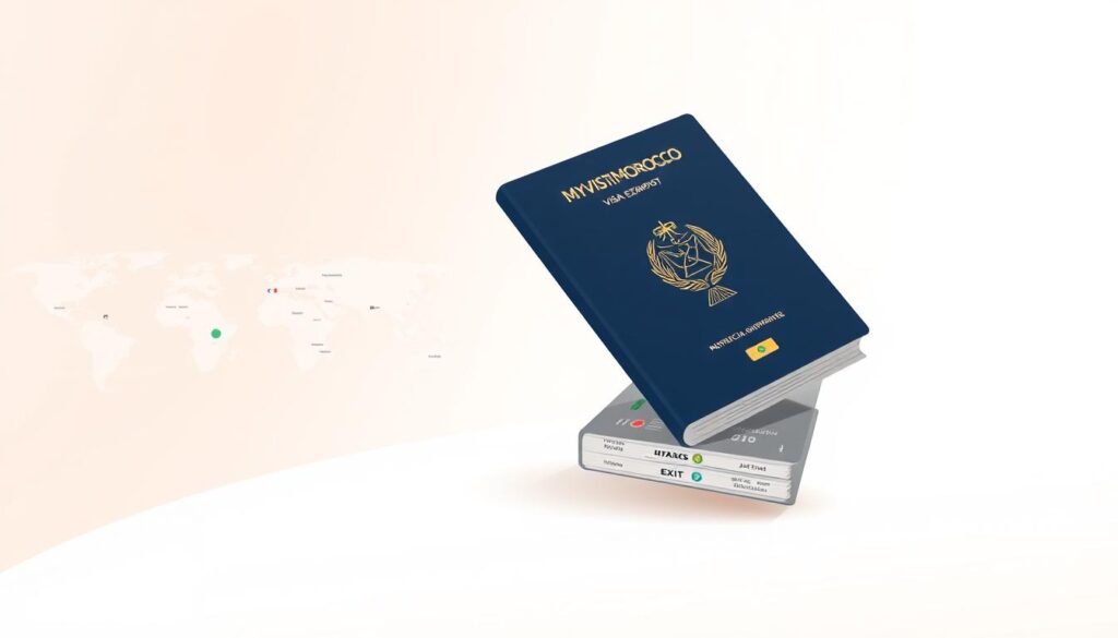 A sleek, minimalist illustration showcasing the "Morocco Visa Exemption" concept. In the foreground, a stylized Moroccan passport sits atop a clean, white background, its cover emblazoned with the "MyVisitMorocco" brand logo. The passport is open, revealing a neatly organized layout of visa stamps and entry/exit stamps, conveying the ease of travel for Moroccan citizens. The middle ground features a subtle world map, with Morocco highlighted and several African nations denoted, emphasizing the regional focus. The background is filled with a soft, warm gradient, creating a sense of depth and sophistication. The overall tone is modern, sophisticated, and informative, perfectly complementing the article's subject matter. A sleek, minimalist illustration showcasing the "Morocco Visa Exemption" concept. In the foreground, a stylized Moroccan passport sits atop a clean, white background, its cover emblazoned with the "MyVisitMorocco" brand logo. The passport is open, revealing a neatly organized layout of visa stamps and entry/exit stamps, conveying the ease of travel for Moroccan citizens. The middle ground features a subtle world map, with Morocco highlighted and several African nations denoted, emphasizing the regional focus. The background is filled with a soft, warm gradient, creating a sense of depth and sophistication. The overall tone is modern, sophisticated, and informative, perfectly complementing the article's subject matter.