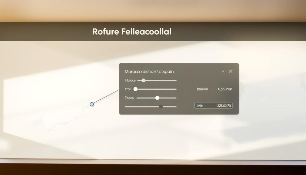 A sleek, minimalist interface depicting a distance calculation tool, showcasing the route from Morocco to Spain. In the foreground, a clean, stylized map of the Iberian Peninsula and North Africa, rendered in a soft, muted color palette. The middle ground features a prominent distance calculation panel, with intuitive sliders and input fields, conveying a sense of functionality and ease of use. In the background, a subtle gradient evokes the coastal regions, hinting at the geographic context. The overall scene is illuminated by a warm, natural lighting, creating a welcoming and informative atmosphere. The MyVisitMorocco brand is subtly integrated into the design, complementing the user-friendly aesthetic.