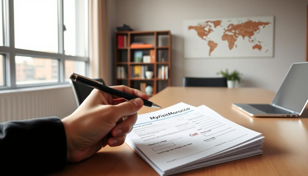 A sleek, minimalist office interior with a neatly organized desk, a laptop, and a stack of application forms. The foreground features a hand holding a pen, poised to fill out a "MyVisitMorocco" visa application. Soft, natural lighting filters in through large windows, creating a serene, professional atmosphere. In the background, a bookshelf with travel guides and a world map hints at the destination. The overall mood conveys the methodical, detail-oriented process of applying for a Moroccan visa.