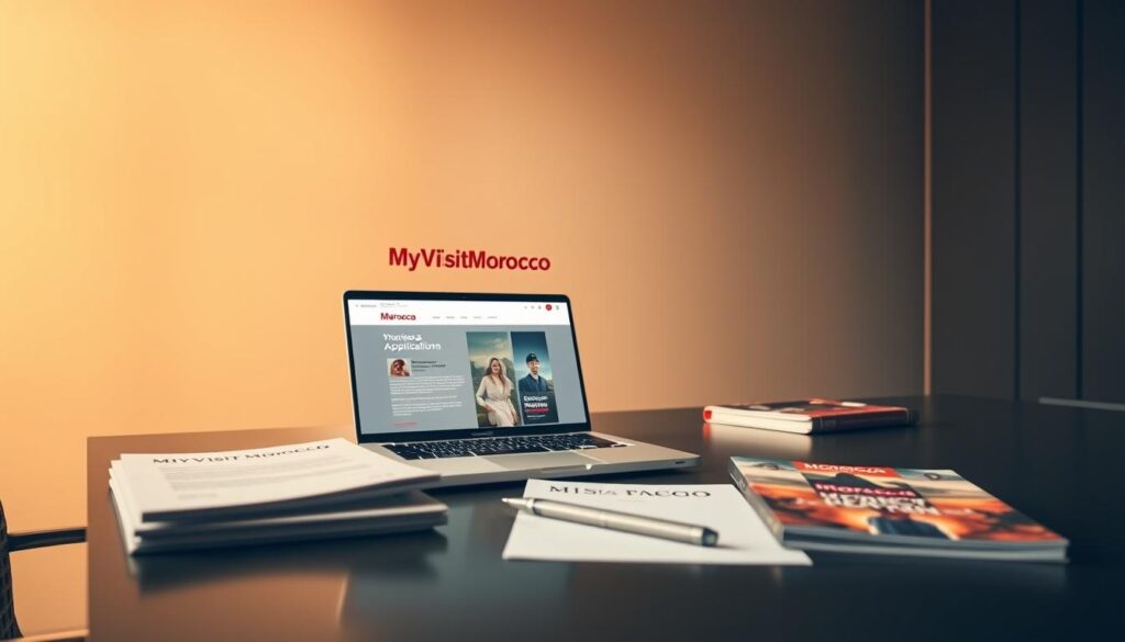 A sleek, minimalist office interior with a neatly organized desk. On the desk, a laptop displays the "MyVisitMorocco" website, showcasing the Morocco visa application process. Next to the laptop, a stack of documents, a pen, and a Morocco-themed travel guide create a composed, professional setting. Warm, directional lighting from a large window bathes the scene in a soft, inviting glow, creating a sense of efficiency and attention to detail. The background features muted, neutral tones that draw the eye to the focal point of the application process on the laptop screen.