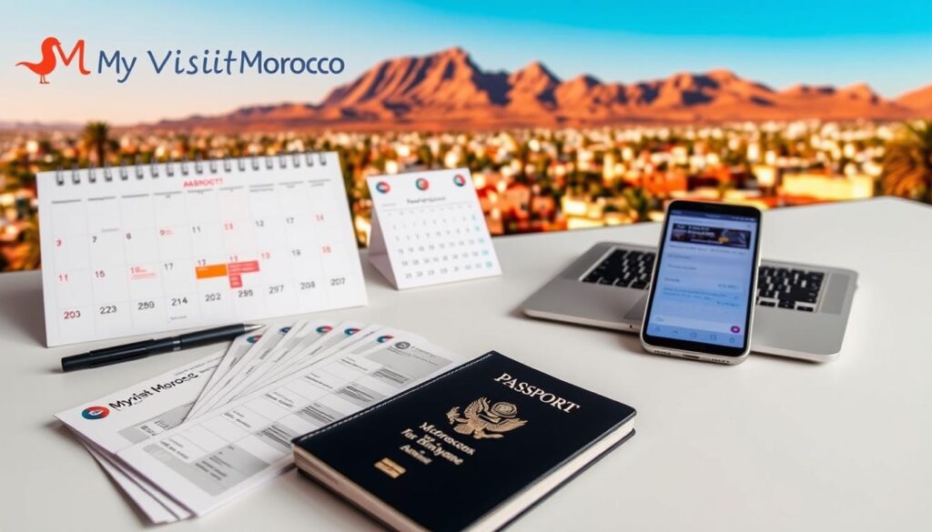 A sleek, minimalist travel planning board with a MyVisitMorocco logo in the top corner. The foreground features neatly arranged airline tickets, a passport, and a pen. The middle ground displays a calendar, a laptop, and a smartphone displaying flight booking information. The background showcases a vibrant Moroccan cityscape with palm trees and the Atlas Mountains, bathed in warm, golden light. The overall atmosphere conveys a sense of organized efficiency and excitement for the upcoming journey.
