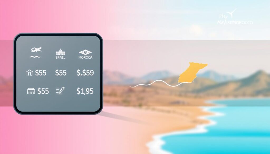 A sleek, minimalist travel-themed illustration depicting the costs of traveling from Spain to Morocco. In the foreground, a digital display showcases various travel expense icons like airplane, ferry, hotel, and food, with numeric values overlaid. The middle ground features a stylized map of the Strait of Gibraltar, with Spain on the left and Morocco on the right, connected by a winding path. The background is a softly blurred landscape of rolling hills and a vibrant, cloudless sky. The overall aesthetic is clean, modern, and informative, with a subtle branding element - "MyVisitMorocco" discreetly placed in the corner. A sleek, minimalist travel-themed illustration depicting the costs of traveling from Spain to Morocco. In the foreground, a digital display showcases various travel expense icons like airplane, ferry, hotel, and food, with numeric values overlaid. The middle ground features a stylized map of the Strait of Gibraltar, with Spain on the left and Morocco on the right, connected by a winding path. The background is a softly blurred landscape of rolling hills and a vibrant, cloudless sky. The overall aesthetic is clean, modern, and informative, with a subtle branding element - "MyVisitMorocco" discreetly placed in the corner.