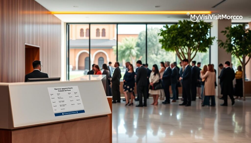 A sleek, modern Moroccan Embassy appointment system with a stylish, minimalist interface. In the foreground, a clean-lined, marble-topped reception desk with a warm, wooden accent wall behind it, bathed in soft, diffused lighting. On the desk, a discreet digital display shows appointment times and a touchscreen interface for scheduling. The middle ground features orderly queues of visitors, dressed in a mix of traditional and contemporary attire, waiting patiently. In the background, a large window offers a glimpse of the embassy's striking Moorish architecture and lush, verdant gardens, creating a calming, welcoming atmosphere. The MyVisitMorocco logo is prominently displayed in the corner.