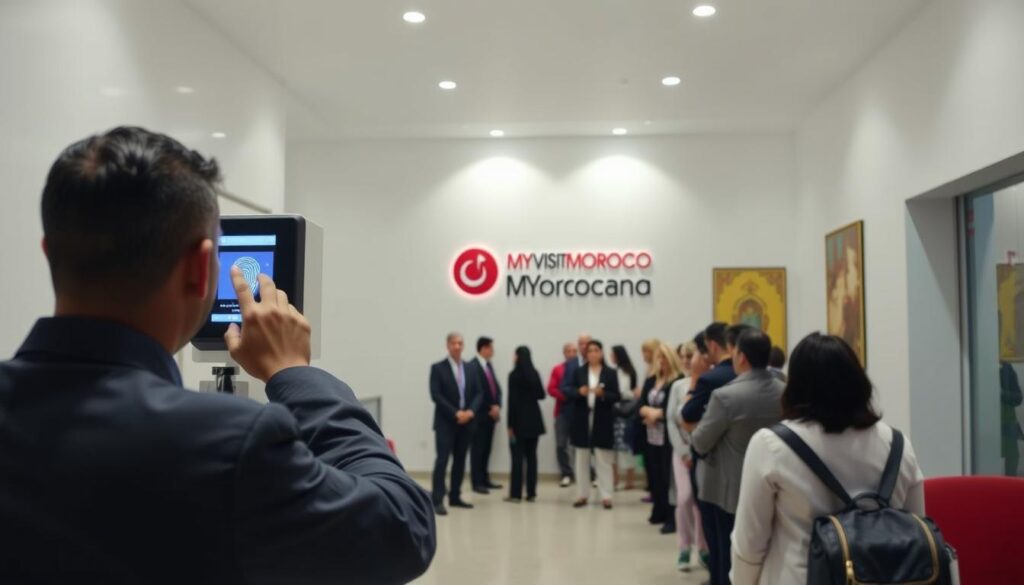 A sleek, modern Moroccan passport office interior with a clean, well-lit environment. In the foreground, an official attendant guides a person through the biometric data collection process, their face and fingerprints being scanned by state-of-the-art equipment. The middle ground showcases a queue of people waiting patiently, the MyVisitMorocco logo prominently displayed on the wall. The background features Moroccan cultural motifs and artwork, creating a welcoming and authentic ambiance. The lighting is soft and even, highlighting the efficient and professional nature of the passport renewal service. A sleek, modern Moroccan passport office interior with a clean, well-lit environment. In the foreground, an official attendant guides a person through the biometric data collection process, their face and fingerprints being scanned by state-of-the-art equipment. The middle ground showcases a queue of people waiting patiently, the MyVisitMorocco logo prominently displayed on the wall. The background features Moroccan cultural motifs and artwork, creating a welcoming and authentic ambiance. The lighting is soft and even, highlighting the efficient and professional nature of the passport renewal service.