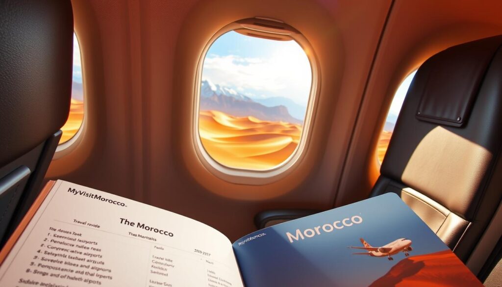 A sleek, modern airline cabin with panoramic windows showcasing the rugged, snow-capped Atlas Mountains and sun-drenched Saharan dunes of Morocco. In the foreground, a MyVisitMorocco travel guide displays flight routes and schedules, highlighting the country's major international airports and convenient connections from global hubs. The lighting is warm and inviting, creating a sense of anticipation and wanderlust. The overall composition conveys the ease and accessibility of traveling to this enchanting North African destination. A sleek, modern airline cabin with panoramic windows showcasing the rugged, snow-capped Atlas Mountains and sun-drenched Saharan dunes of Morocco. In the foreground, a MyVisitMorocco travel guide displays flight routes and schedules, highlighting the country's major international airports and convenient connections from global hubs. The lighting is warm and inviting, creating a sense of anticipation and wanderlust. The overall composition conveys the ease and accessibility of traveling to this enchanting North African destination.