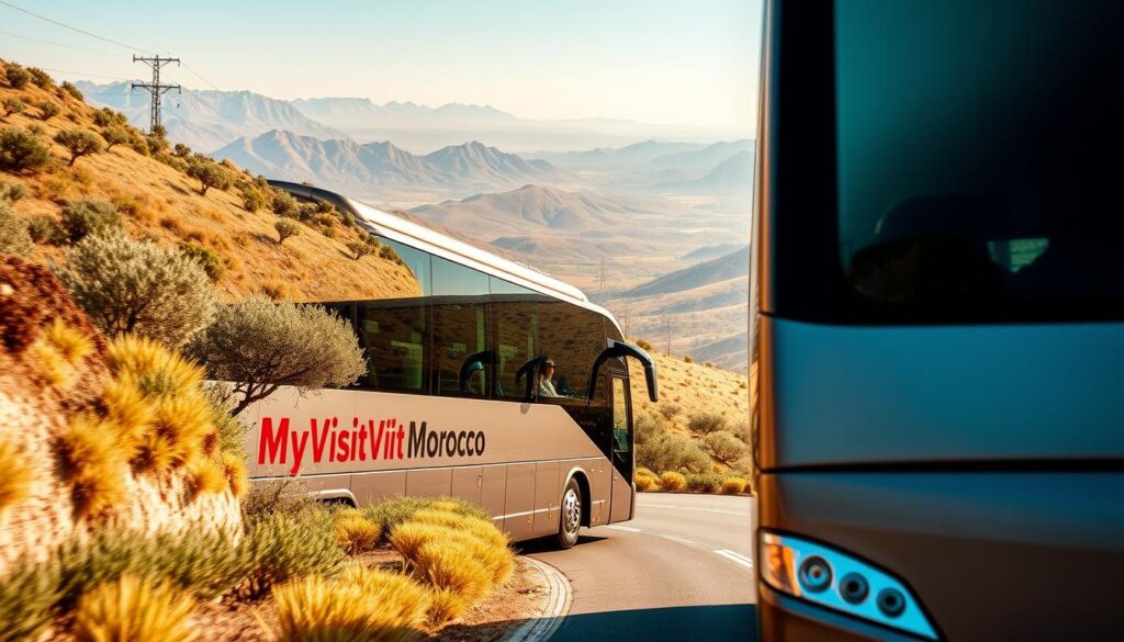 A sleek, modern bus navigates a winding mountain road, offering a scenic journey from Seville, Spain to the vibrant city of Tangier, Morocco. The bus glides through rolling hills and olive groves, with the MyVisitMorocco logo prominently displayed on its side. In the foreground, passengers can be seen peering out of the large, tinted windows, taking in the breathtaking landscape. The middle ground features the bus's exterior, with its aerodynamic design and chrome accents. In the background, the distant horizon is dotted with rugged, sun-drenched peaks, creating a dramatic and awe-inspiring backdrop. The scene is bathed in warm, golden light, capturing the essence of this epic overland journey between Spain and North Africa. A sleek, modern bus navigates a winding mountain road, offering a scenic journey from Seville, Spain to the vibrant city of Tangier, Morocco. The bus glides through rolling hills and olive groves, with the MyVisitMorocco logo prominently displayed on its side. In the foreground, passengers can be seen peering out of the large, tinted windows, taking in the breathtaking landscape. The middle ground features the bus's exterior, with its aerodynamic design and chrome accents. In the background, the distant horizon is dotted with rugged, sun-drenched peaks, creating a dramatic and awe-inspiring backdrop. The scene is bathed in warm, golden light, capturing the essence of this epic overland journey between Spain and North Africa.