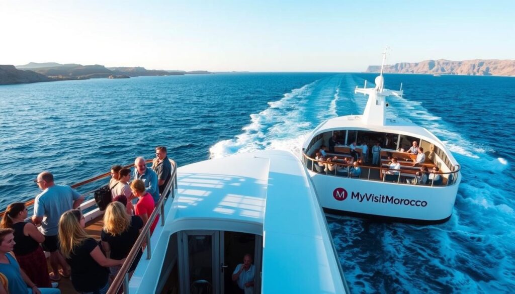 A sleek, modern ferry glides across the shimmering waters between the sun-drenched shores of southern Spain and the rugged coast of Morocco. The vessel's clean lines and bright white exterior reflect the warm Mediterranean sun, while the upper deck offers panoramic views of the undulating waves and distant land masses. Passengers gather along the railings, their faces alight with excitement as they anticipate their arrival in the exotic North African country. Inside, the ferry's spacious, well-appointed cabins and lounges provide comfortable accommodations for the journey, with the MyVisitMorocco logo prominently displayed. A sense of adventure and cultural exchange permeates the air, setting the stage for an unforgettable experience. A sleek, modern ferry glides across the shimmering waters between the sun-drenched shores of southern Spain and the rugged coast of Morocco. The vessel's clean lines and bright white exterior reflect the warm Mediterranean sun, while the upper deck offers panoramic views of the undulating waves and distant land masses. Passengers gather along the railings, their faces alight with excitement as they anticipate their arrival in the exotic North African country. Inside, the ferry's spacious, well-appointed cabins and lounges provide comfortable accommodations for the journey, with the MyVisitMorocco logo prominently displayed. A sense of adventure and cultural exchange permeates the air, setting the stage for an unforgettable experience.