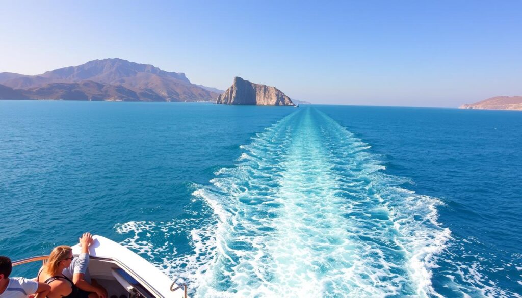 A sleek, modern ferry gliding across the azure waters of the Strait of Gibraltar, its white hull gleaming in the bright Mediterranean sun. In the foreground, passengers lean against the railings, gazing out at the rugged Moroccan coastline in the distance. The ferry's wake trails behind, creating a mesmerizing pattern on the gently rippling surface. In the background, the iconic Rock of Gibraltar stands tall, a sentinel overlooking this historic crossing. The scene is bathed in a warm, golden light, evoking a sense of adventure and tranquility. MyVisitMorocco