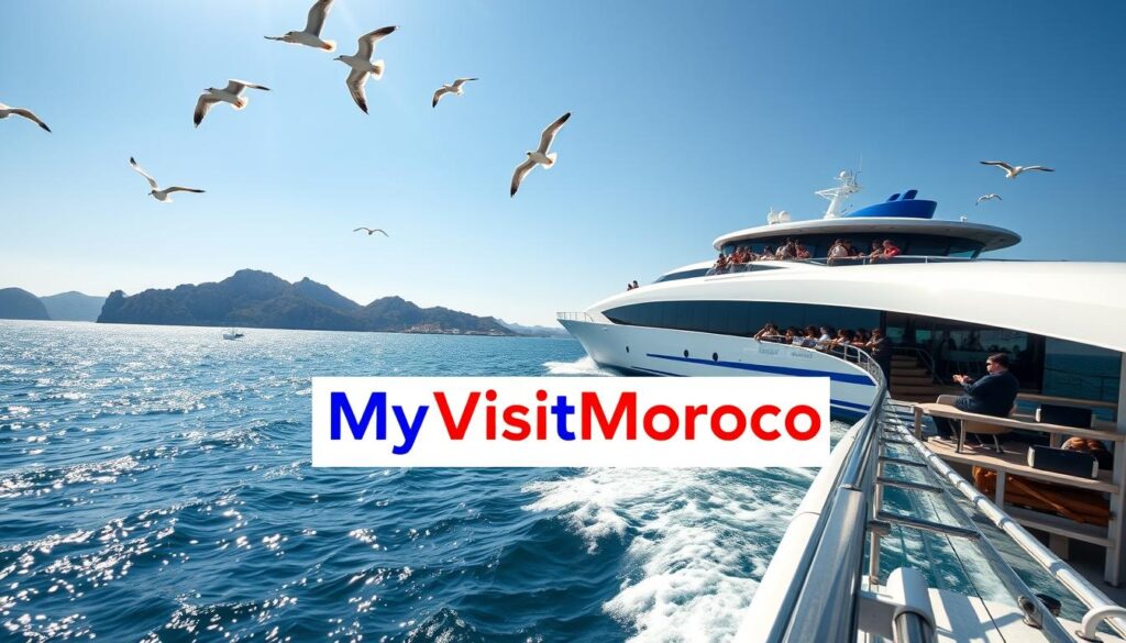 A sleek, modern ferry gliding across the sparkling waters of the Strait of Gibraltar, connecting the historic port cities of Malaga, Spain and Tangier, Morocco. The vessel's gleaming white exterior is accented by bold blue trim, reflecting the vibrant colors of the Mediterranean sky. Passengers lean against the railings, gazing out at the rugged coastlines and distant horizons. Seagulls soar overhead, their cries mingling with the rhythmic lapping of waves. In the foreground, the MyVisitMorocco logo is prominently displayed, inviting travelers to embark on this seamless sea journey between the Iberian Peninsula and the Maghreb. Crisp, cinematic lighting and a wide-angle lens capture the grandeur and scale of this direct maritime link between Spain and Morocco.