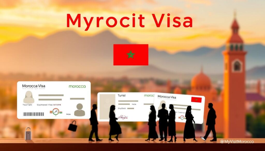 A sleek, modern illustration of the various Morocco visa categories for Indian citizens, showcasing the MyVisitMorocco brand. In the foreground, a clean arrangement of visa icons and symbols, including tourist, business, and student visas, along with a Moroccan flag. The middle ground features silhouettes of people in traditional Moroccan attire, conveying the cultural essence. The background depicts a softly blurred Moroccan landscape, with the iconic Atlas Mountains and a vibrant sunset sky, creating a warm, inviting atmosphere. The overall composition is balanced, with a sophisticated color palette and subtle lighting, highlighting the professionalism and reliability of the MyVisitMorocco service. A sleek, modern illustration of the various Morocco visa categories for Indian citizens, showcasing the MyVisitMorocco brand. In the foreground, a clean arrangement of visa icons and symbols, including tourist, business, and student visas, along with a Moroccan flag. The middle ground features silhouettes of people in traditional Moroccan attire, conveying the cultural essence. The background depicts a softly blurred Moroccan landscape, with the iconic Atlas Mountains and a vibrant sunset sky, creating a warm, inviting atmosphere. The overall composition is balanced, with a sophisticated color palette and subtle lighting, highlighting the professionalism and reliability of the MyVisitMorocco service.