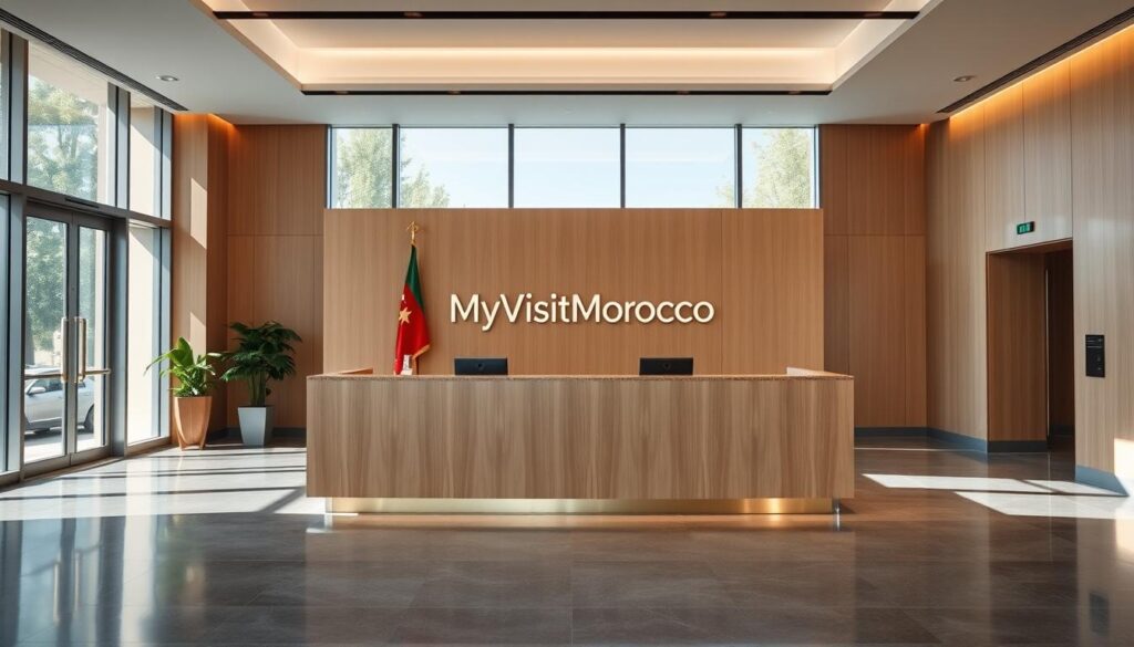 A sleek, modern interior of the Moroccan Embassy in Washington, DC. The front desk is situated in the middle ground, with a minimalist design featuring a light-colored wood counter and polished brass accents. The background showcases large windows flooding the space with natural light, providing a warm and inviting atmosphere. The branding "MyVisitMorocco" is prominently displayed on the wall behind the desk. The overall scene conveys professionalism, efficiency, and a touch of Moroccan cultural elegance.