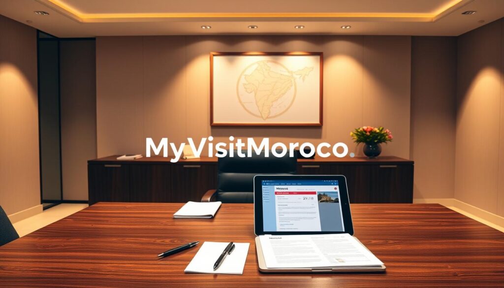 A sleek, modern office interior with a large wooden desk showcasing the MyVisitMorocco logo. On the desk, neatly arranged documents, a pen, and a laptop displaying the Morocco visa application form. Warm, directional lighting casts a professional, authoritative atmosphere. The background features a minimalist, neutral-toned wall with a framed map of Morocco, creating a sense of context and purpose. The composition emphasizes efficiency, attention to detail, and the seamless Morocco visa application process for Indian travelers. A sleek, modern office interior with a large wooden desk showcasing the MyVisitMorocco logo. On the desk, neatly arranged documents, a pen, and a laptop displaying the Morocco visa application form. Warm, directional lighting casts a professional, authoritative atmosphere. The background features a minimalist, neutral-toned wall with a framed map of Morocco, creating a sense of context and purpose. The composition emphasizes efficiency, attention to detail, and the seamless Morocco visa application process for Indian travelers.