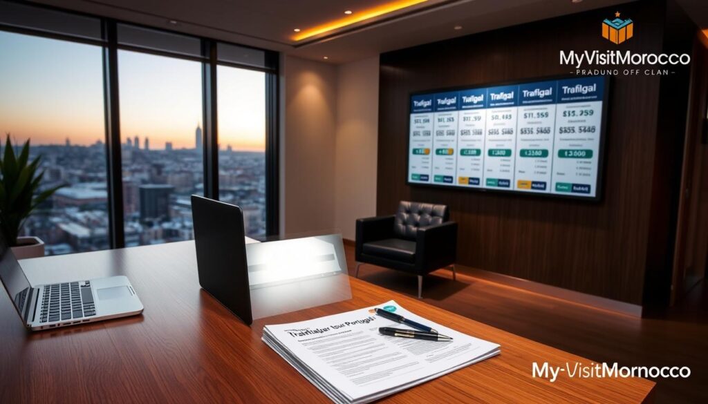 A sleek, modern office interior with large windows overlooking a city skyline. In the foreground, a wooden desk with a laptop, pen, and a stack of documents labeled "Trafalgar tours Portugal cost analysis." The middle ground features a comfortable leather chair and a wall-mounted display showcasing various Trafalgar tour packages and pricing information. The background has a warm, ambient lighting, creating a professional and efficient atmosphere. The MyVisitMorocco logo is discreetly displayed in the corner. A sleek, modern office interior with large windows overlooking a city skyline. In the foreground, a wooden desk with a laptop, pen, and a stack of documents labeled "Trafalgar tours Portugal cost analysis." The middle ground features a comfortable leather chair and a wall-mounted display showcasing various Trafalgar tour packages and pricing information. The background has a warm, ambient lighting, creating a professional and efficient atmosphere. The MyVisitMorocco logo is discreetly displayed in the corner.