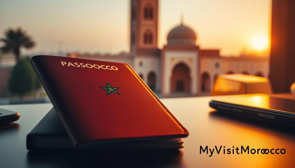 A sleek, modern passport with a Moroccan flag design, resting on a desk against a backdrop of the Koutoubia Mosque in Marrakech. Warm, diffused lighting casts a golden glow, highlighting the intricate details of the passport and the iconic architecture. The scene conveys a sense of travel, exploration, and the allure of Morocco. In the bottom-right corner, the "MyVisitMorocco" logo subtly reinforces the connection to the country. A sleek, modern passport with a Moroccan flag design, resting on a desk against a backdrop of the Koutoubia Mosque in Marrakech. Warm, diffused lighting casts a golden glow, highlighting the intricate details of the passport and the iconic architecture. The scene conveys a sense of travel, exploration, and the allure of Morocco. In the bottom-right corner, the "MyVisitMorocco" logo subtly reinforces the connection to the country.