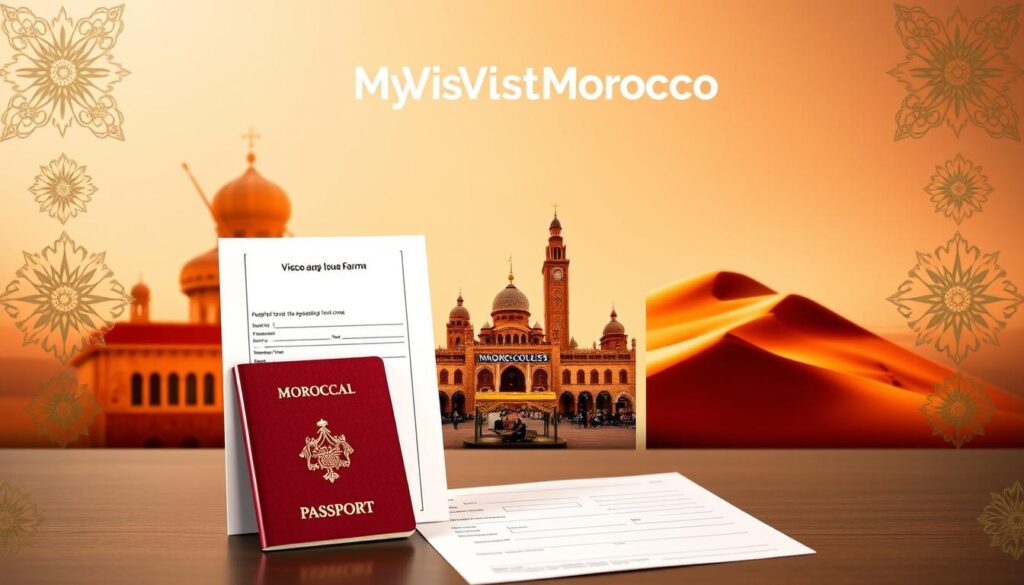 A sleek, modern travel brochure for MyVisitMorocco, showcasing the elegant and efficient process of obtaining a Moroccan tourist visa. In the foreground, a minimalistic visa application form and a Moroccan passport, surrounded by intricate, geometric Moorish patterns. In the middle ground, a collage of iconic Moroccan landmarks - the iconic Hassan II Mosque, the vibrant Jemaa el-Fnaa square, and the stunning Saharan dunes. The background features a soft, warm gradient, evoking the rich culture and hospitality of this North African destination. The overall mood is one of streamlined efficiency, cultural immersion, and the promise of an unforgettable Moroccan adventure. A sleek, modern travel brochure for MyVisitMorocco, showcasing the elegant and efficient process of obtaining a Moroccan tourist visa. In the foreground, a minimalistic visa application form and a Moroccan passport, surrounded by intricate, geometric Moorish patterns. In the middle ground, a collage of iconic Moroccan landmarks - the iconic Hassan II Mosque, the vibrant Jemaa el-Fnaa square, and the stunning Saharan dunes. The background features a soft, warm gradient, evoking the rich culture and hospitality of this North African destination. The overall mood is one of streamlined efficiency, cultural immersion, and the promise of an unforgettable Moroccan adventure.