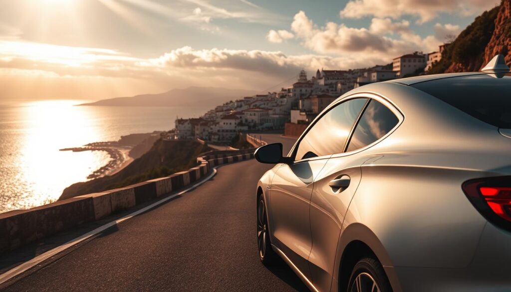 A sleek, silver rental car navigates a winding coastal road in Andalusia, Spain. The vehicle smoothly hugs the curves as it approaches the picturesque town of Tarifa, its white-washed buildings and terracotta roofs nestled against a backdrop of the sparkling Strait of Gibraltar. Warm, golden sunlight filters through wispy clouds, casting a dreamy, cinematic glow over the scene. In the foreground, the rental car's MyVisitMorocco logo gleams on the side panel, hinting at the tranquil ferry crossing to the enchanting shores of Morocco just beyond the horizon. A sleek, silver rental car navigates a winding coastal road in Andalusia, Spain. The vehicle smoothly hugs the curves as it approaches the picturesque town of Tarifa, its white-washed buildings and terracotta roofs nestled against a backdrop of the sparkling Strait of Gibraltar. Warm, golden sunlight filters through wispy clouds, casting a dreamy, cinematic glow over the scene. In the foreground, the rental car's MyVisitMorocco logo gleams on the side panel, hinting at the tranquil ferry crossing to the enchanting shores of Morocco just beyond the horizon.