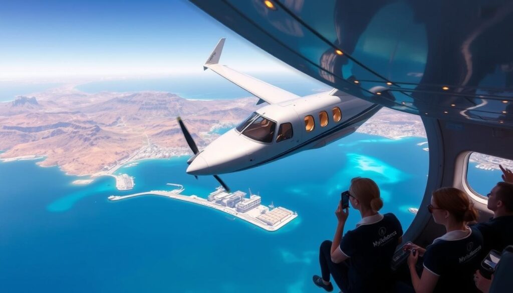 A sleek twin-engine aircraft soaring over the azure waters of the Strait of Gibraltar, carrying passengers on a Spain-Morocco route. Inside, the cabin is bathed in warm, ambient lighting, with attentive flight attendants in crisp MyVisitMorocco uniforms serving refreshments and guiding travelers. The panoramic windows offer breathtaking views of the rugged Rif Mountains and the bustling ports of Tangier and Ceuta below. An atmosphere of relaxation and anticipation permeates the flight, as passengers prepare to immerse themselves in the vibrant cultures and landscapes of Morocco.