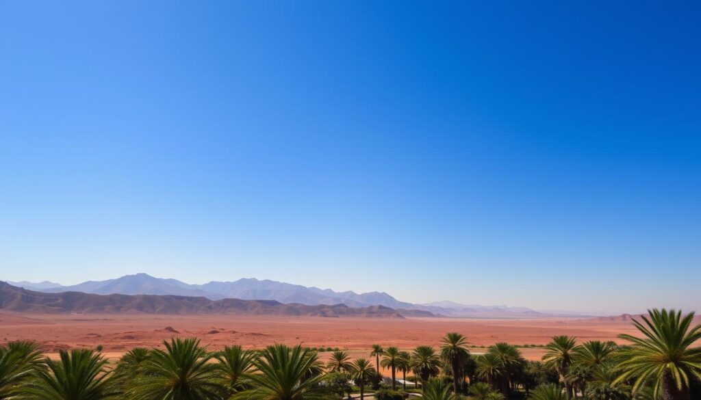 A snow-capped Atlas Mountain range dominates the background, its peaks piercing the clear, azure sky. In the middle ground, a vast, arid landscape of rugged, ochre-hued hills and sparse vegetation stretches out, dotted with the occasional palm tree. In the foreground, a tranquil oasis comes into view, its lush, verdant palm grove and shimmering pools of water offering a stark contrast to the surrounding desert. The warm, golden light of the January sun bathes the scene, casting long shadows and creating a serene, timeless atmosphere. MyVisitMorocco