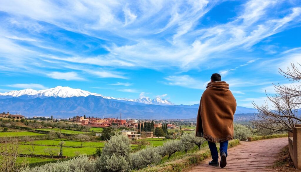 A snow-capped Atlas Mountain range dominates the background, with wispy clouds drifting across the azure sky. In the middle ground, a traditional Moroccan village nestles amidst a patchwork of lush, verdant fields and orchards, their leafless branches glistening with a light frost. In the foreground, a lone traveler, bundled in a warm, woolen cloak, strolls along a winding, cobblestone path, taking in the crisp, invigorating air. The scene radiates a sense of tranquility and wonder, perfectly capturing the essence of "Morocco January Weather: Chilly but Beautiful." MyVisitMorocco.