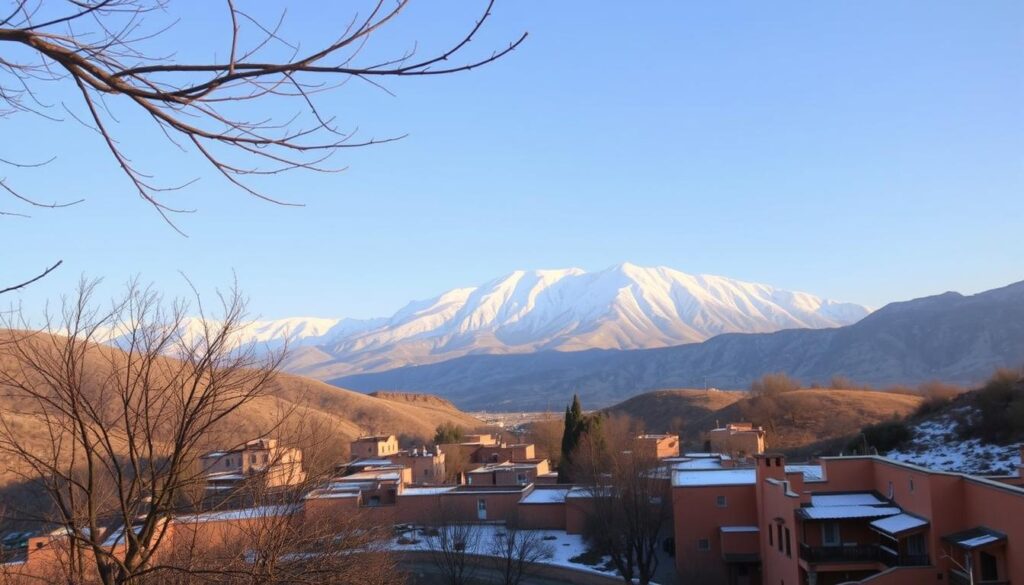 A snow-capped Atlas Mountain range rises majestically against a clear winter sky, its peaks bathed in warm, golden light. In the foreground, a traditional Moroccan village nestles amidst a landscape of rolling hills, its ochre-colored buildings and narrow, winding streets creating a picturesque scene. MyVisitMorocco. A crisp, cool breeze rustles the bare branches of the trees, and a dusting of snow covers the ground, adding to the serene, peaceful atmosphere. The image captures the unique and beautiful winter climate of this North African country, showcasing its stunning natural beauty and rich cultural heritage.