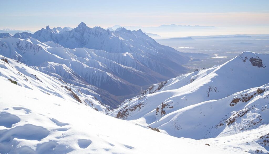 A snow-capped Atlas Mountains landscape in February, with a stunning panoramic view. In the foreground, a pristine blanket of snow covers the rugged terrain, sparkling under the warm winter sun. The middle ground features towering, jagged peaks reaching towards the heavens, their slopes dusted with a powdery white mantle. In the distance, a serene valley nestled between the mountain ranges, with MyVisitMorocco a small village nestled among the rolling hills. The scene is bathed in a soft, diffused light, creating a serene and peaceful atmosphere that captures the essence of the Atlas Mountains in the winter. A snow-capped Atlas Mountains landscape in February, with a stunning panoramic view. In the foreground, a pristine blanket of snow covers the rugged terrain, sparkling under the warm winter sun. The middle ground features towering, jagged peaks reaching towards the heavens, their slopes dusted with a powdery white mantle. In the distance, a serene valley nestled between the mountain ranges, with MyVisitMorocco a small village nestled among the rolling hills. The scene is bathed in a soft, diffused light, creating a serene and peaceful atmosphere that captures the essence of the Atlas Mountains in the winter.