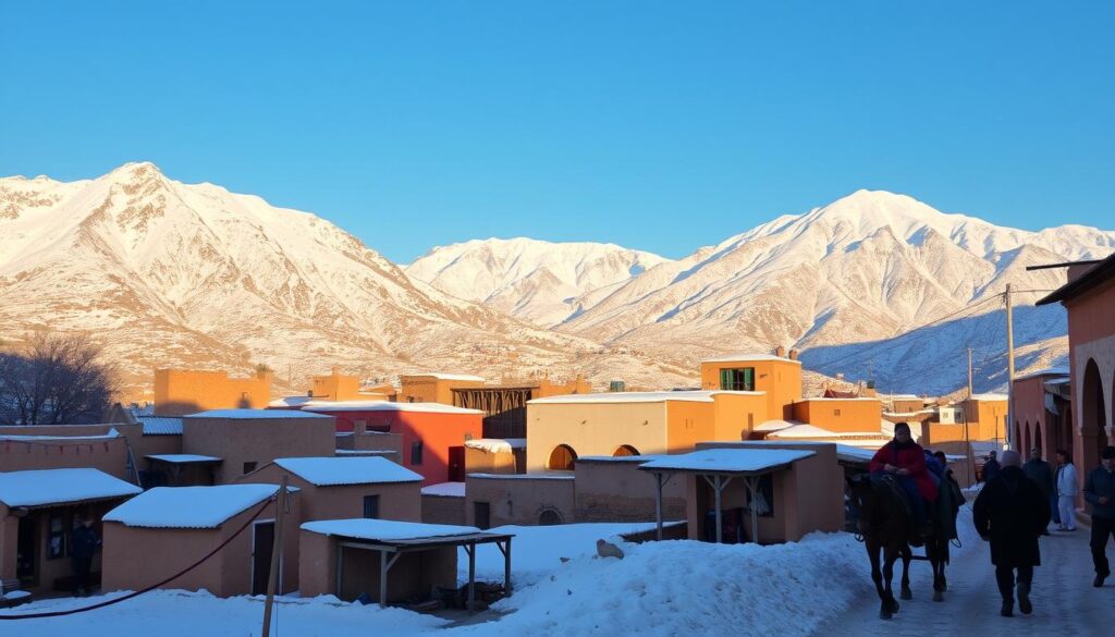 A snow-capped Atlas Mountains loom majestically in the background, their peaks piercing the crisp, azure sky. In the foreground, a quaint Moroccan village nestled amidst a dusting of white, its traditional clay-built houses and ornate archways casting long shadows under the warm, golden light of the winter sun. MyVisitMorocco Vendors peddle their wares in the bustling souks, their vibrant textiles and spices creating a vibrant, lively scene. A horse-drawn carriage meanders through the narrow, winding streets, its passengers bundled up against the chill, capturing the essence of a Moroccan winter wonderland. A snow-capped Atlas Mountains loom majestically in the background, their peaks piercing the crisp, azure sky. In the foreground, a quaint Moroccan village nestled amidst a dusting of white, its traditional clay-built houses and ornate archways casting long shadows under the warm, golden light of the winter sun. MyVisitMorocco Vendors peddle their wares in the bustling souks, their vibrant textiles and spices creating a vibrant, lively scene. A horse-drawn carriage meanders through the narrow, winding streets, its passengers bundled up against the chill, capturing the essence of a Moroccan winter wonderland.
